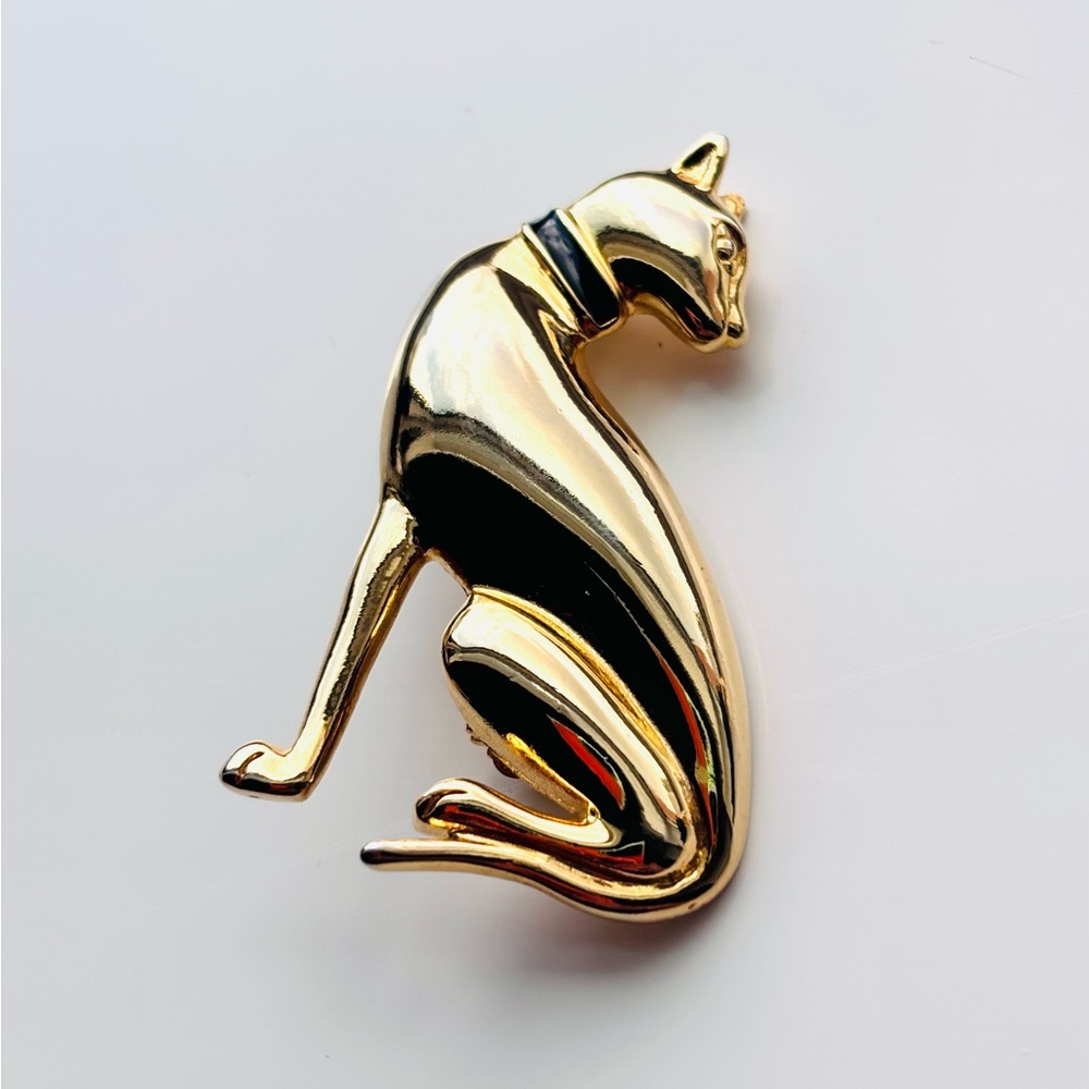 Vintage 90’s Cat Shaped Enamel Brooch Pin Elegant Jewelry 2”